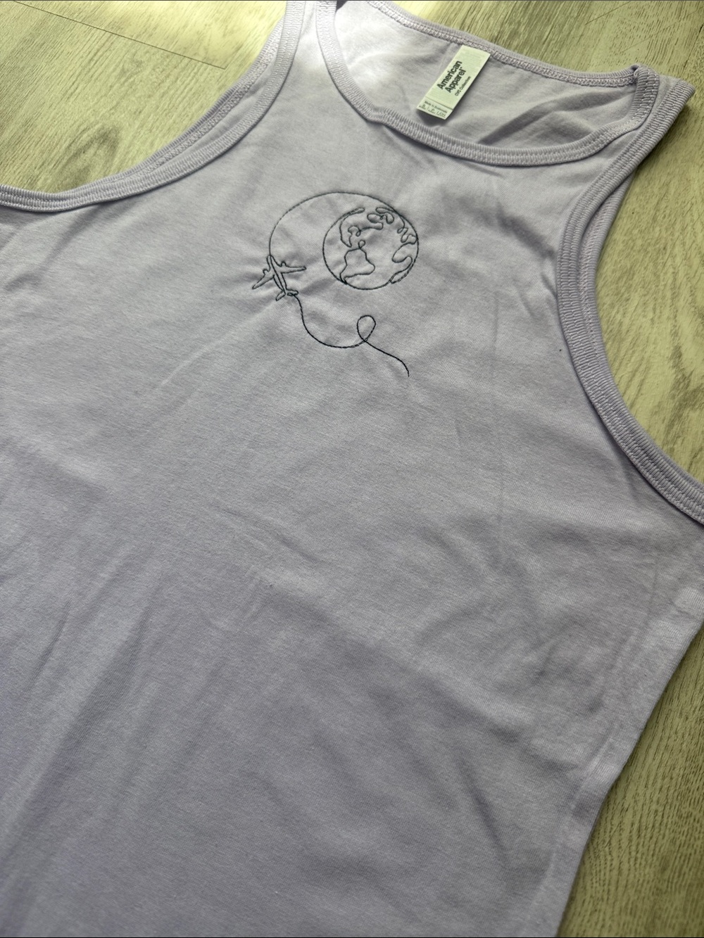 American Apparel Lavender Racerback Tank with Globe & Airplane Graphic